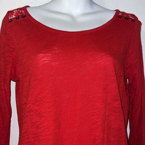 EXPRESS Red Burnout Cotton Modal Lace Yoke 3/4 Sleeve Top-S - Picture 2 of 8